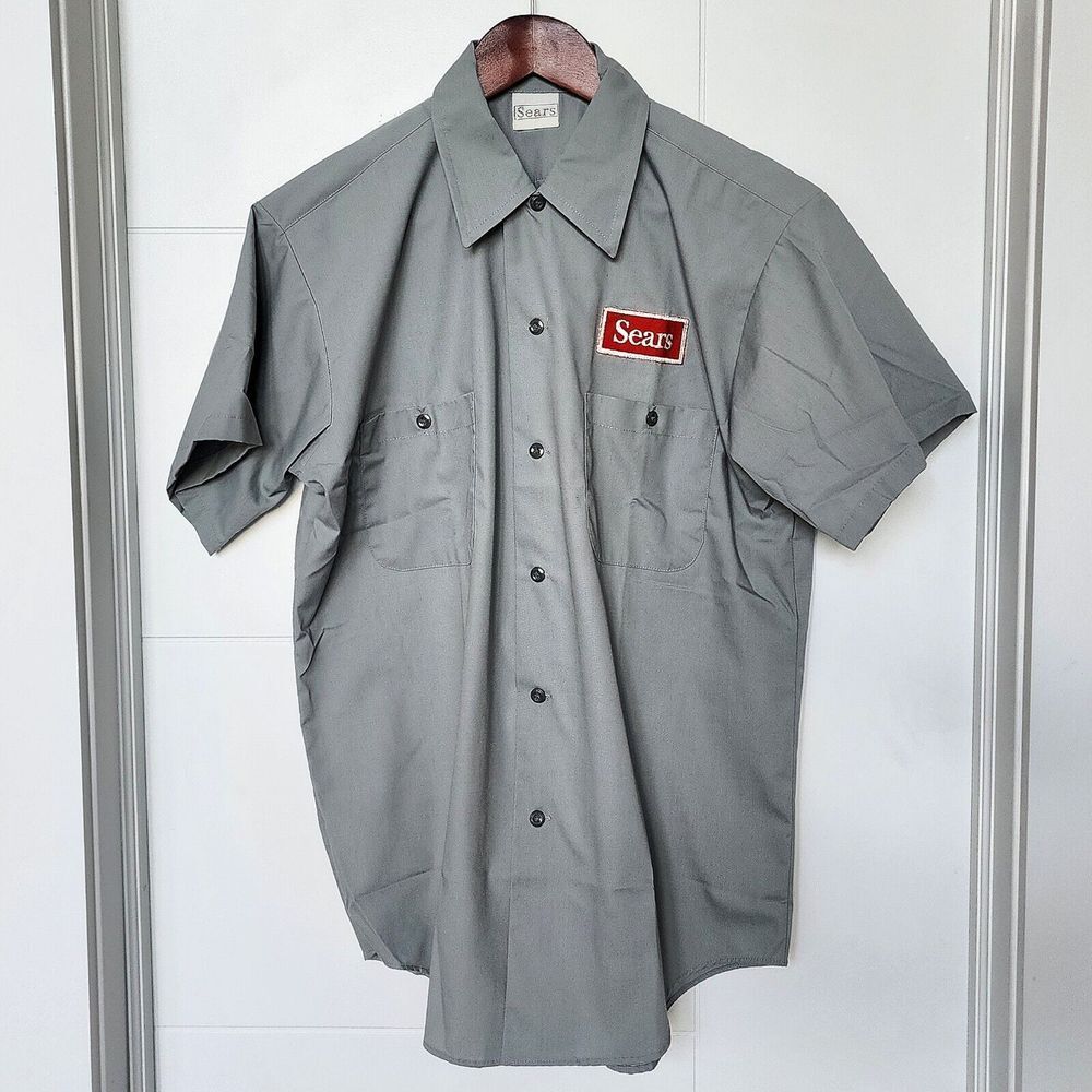 Sears 1970s Vintage Perma Press Short Sleeve Gray Button-Up Work Shirt  Medium M